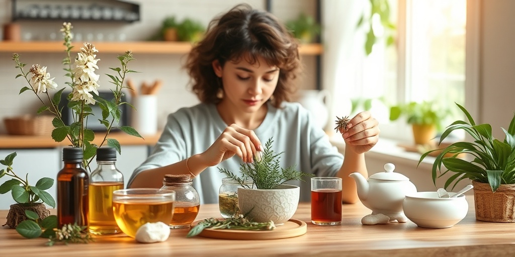 A serene kitchen scene with herbal remedies, calming plants, and a focused individual preparing a natural remedy for Nystagmus.  4.png