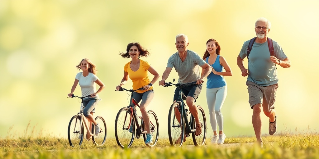 A serene scene of people enjoying outdoor activities, capturing joy and vitality from regular exercise.  2.png