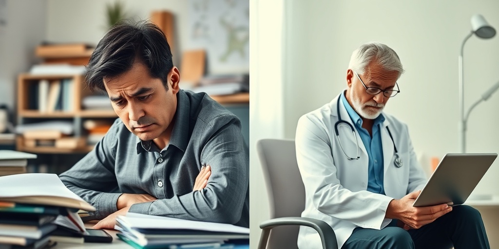A split image showing the effects of job stress on health, contrasting a cluttered desk with a healing healthcare setting. 3.png
