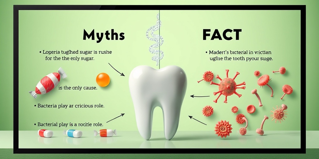 A split-screen image debunking myths about tooth decay, contrasting misconceptions with facts in a visually engaging manner.5.png
