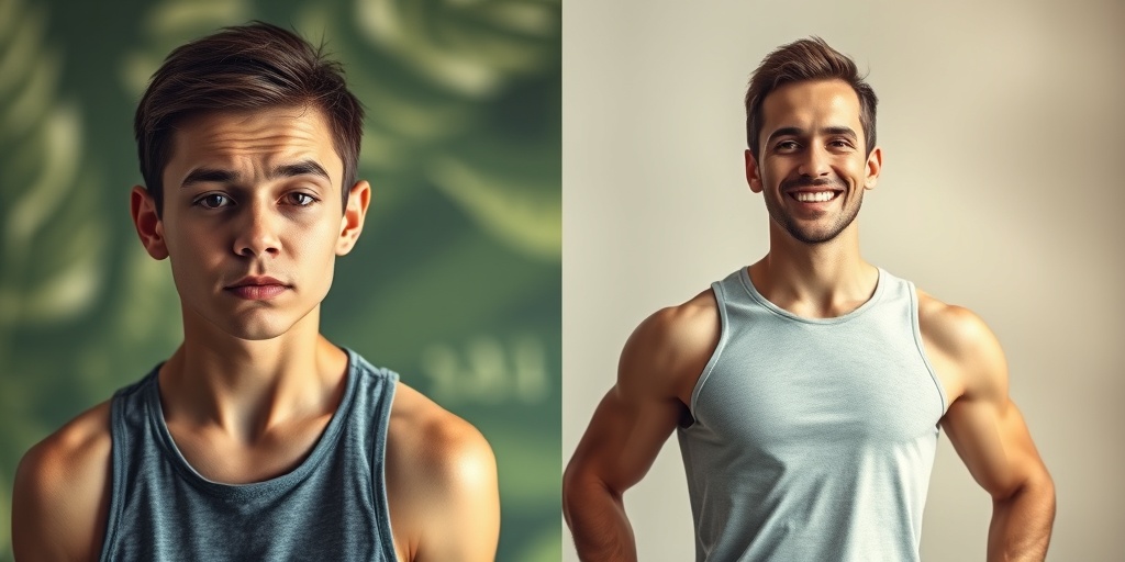 A split-screen transformation highlights the benefits of fitness, contrasting fatigue with radiant health and happiness.2.png