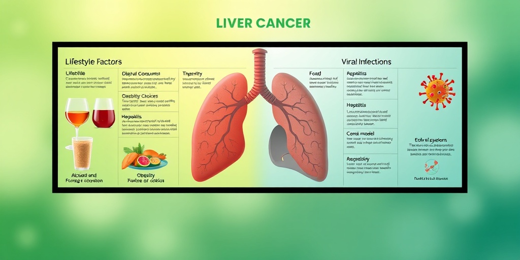 A split-screen visualization highlights lifestyle factors and viral infections as causes of liver cancer, using relevant imagery.  3.png