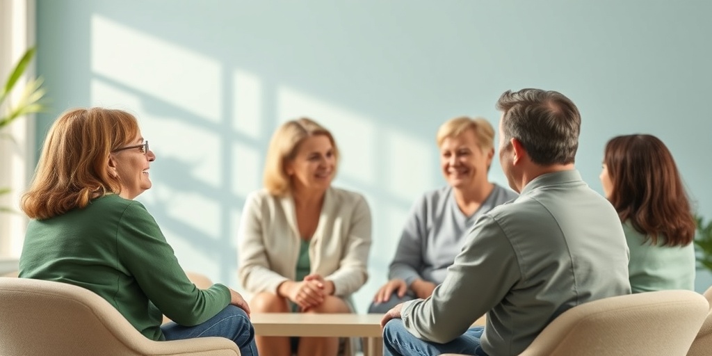 A support group scene captures diverse individuals sharing experiences with Non-Small Cell Lung Cancer, fostering hope and community.5.png