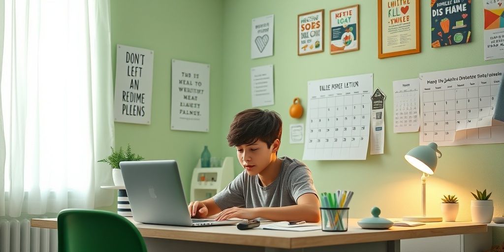 A teenager researches healthy meal plans at a desk, surrounded by motivational posters, emphasizing determination in managing diabetes.  4.png