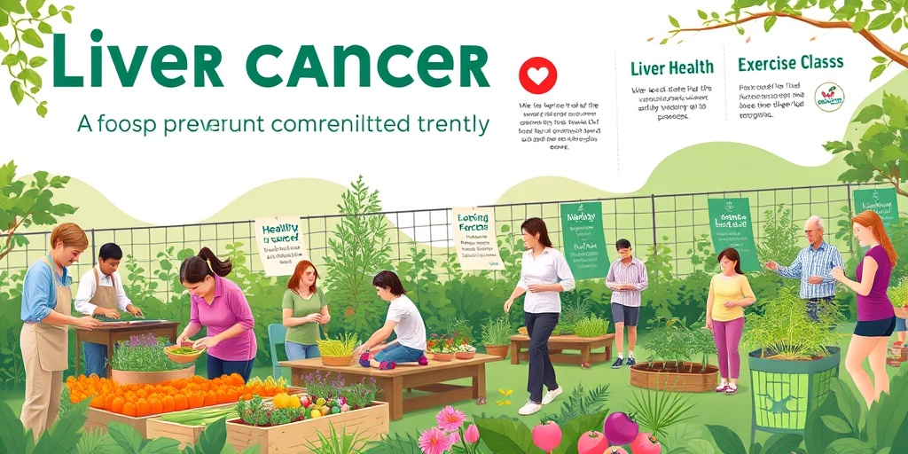 A vibrant community garden scene showcases healthy cooking and exercise classes, promoting liver cancer prevention strategies for all ages.  5.png