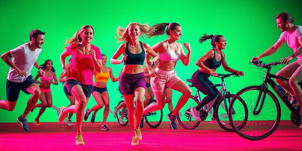 A vibrant depiction of high-energy cardiovascular workouts, highlighting intensity and excitement in dynamic poses.  3.png
