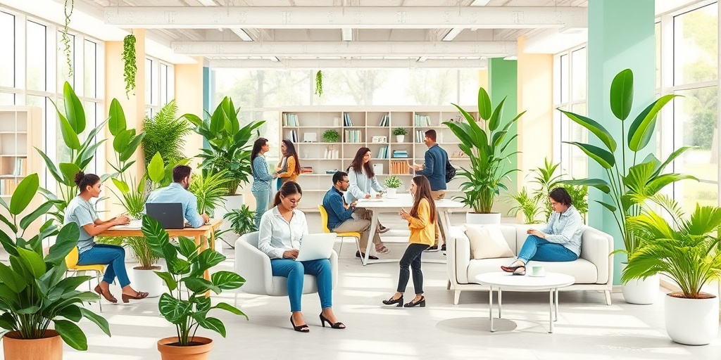 A vibrant workplace scene with employees collaborating in a bright space filled with plants and relaxation zones. 4.png