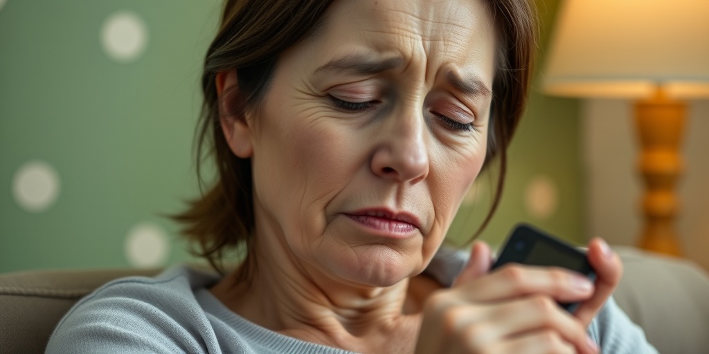 A woman seated calmly shows concern for LAM symptoms, with a pulse oximeter in hand against a soothing background.  2.png