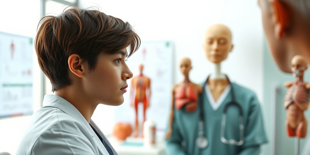 A young adult expresses concern during a medical consultation about Familial Adenomatous Polyposis symptoms, surrounded by a calming clinic environment. 2.png