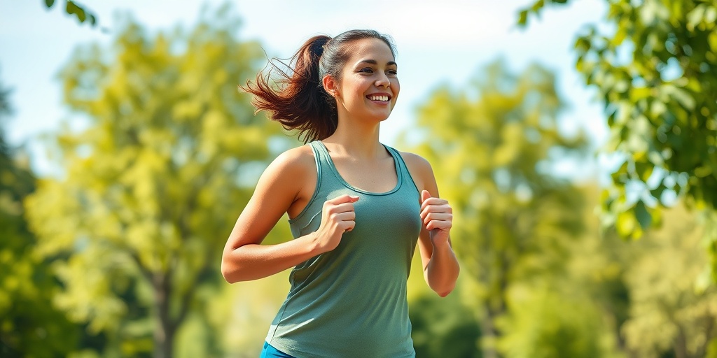A young woman jogs in a park, embodying resilience and recovery after a mini-stroke, surrounded by vibrant greenery.  5.png