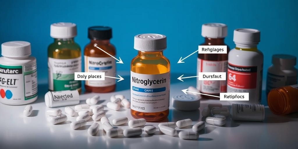 An educational image showing nitroglycerin interactions with other medications, featuring labeled pill bottles and a cautionary design.  4.png