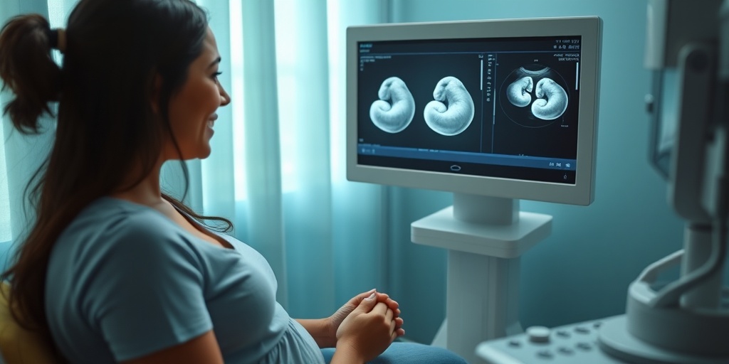 An expectant mother experiences joy and surprise during an ultrasound revealing triplets, supported by her partner.  3.png