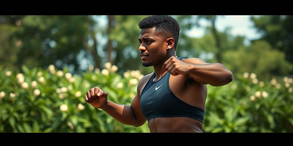 An individual exercises outdoors, surrounded by nature, embodying determination and focus in a serene setting.5.png