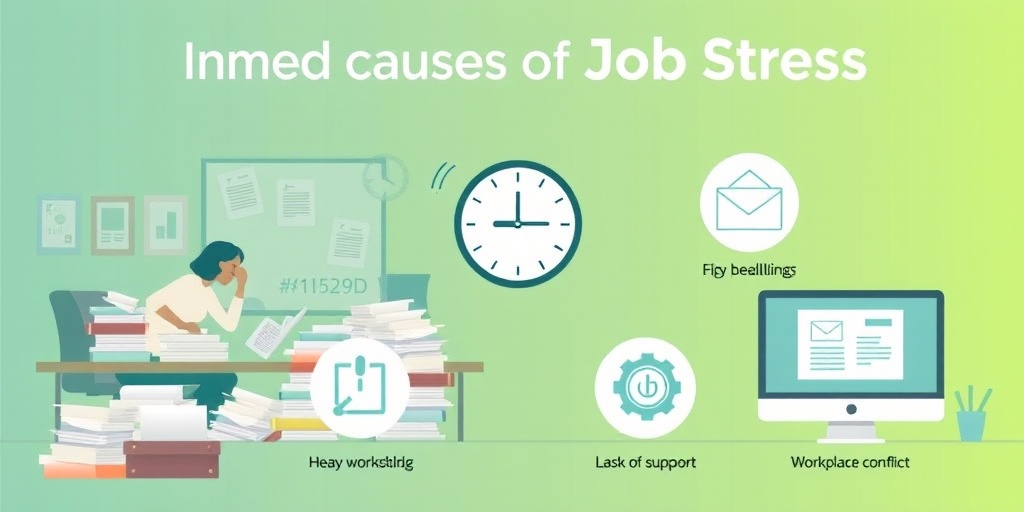 An infographic illustrating job stress causes, featuring busy office scenes and labeled icons for clarity.  2.png