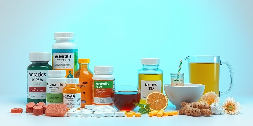 An organized display of gastritis treatments, featuring medications and natural remedies on a clean white background.4.png