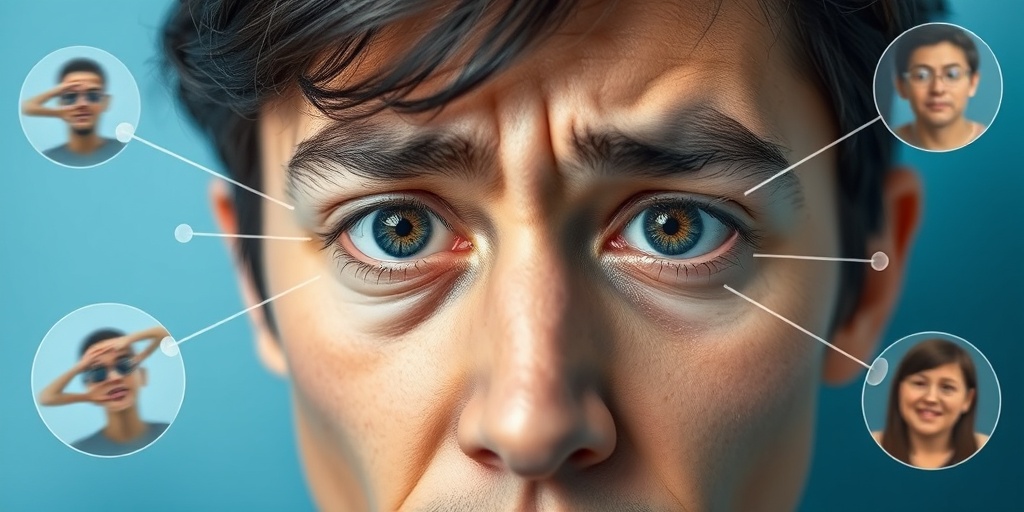 Close-up of oscillating eyes, showcasing frustration and determination against a serene blue background with abstract symptom representations.  2.png