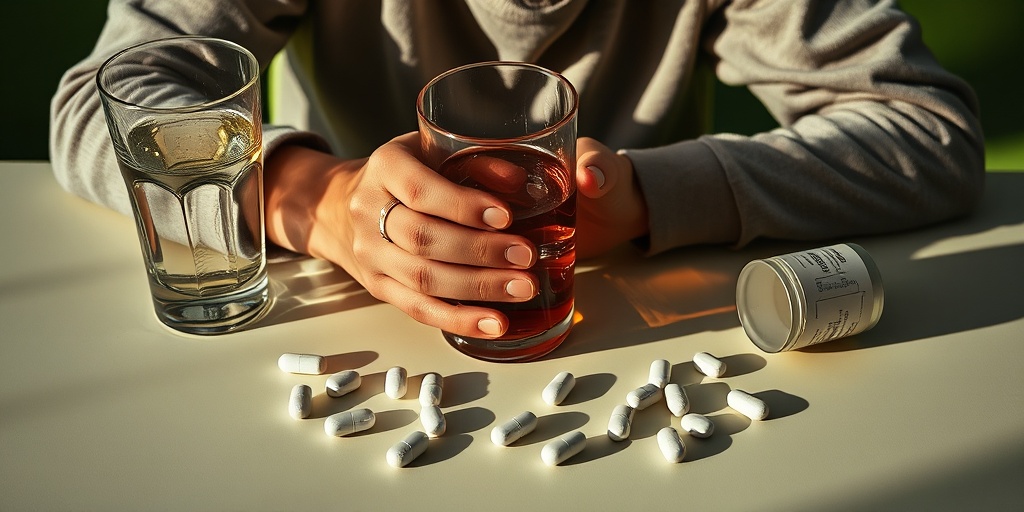 Close-up of trembling hands holding a drink, with scattered pills symbolizing the struggle of substance abuse.  2.png
