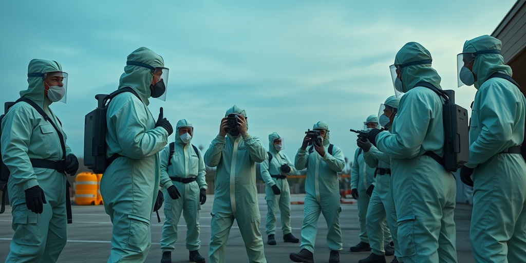 Community emergency response team conducts a training exercise outdoors, practicing decontamination procedures with urgency.  4.png