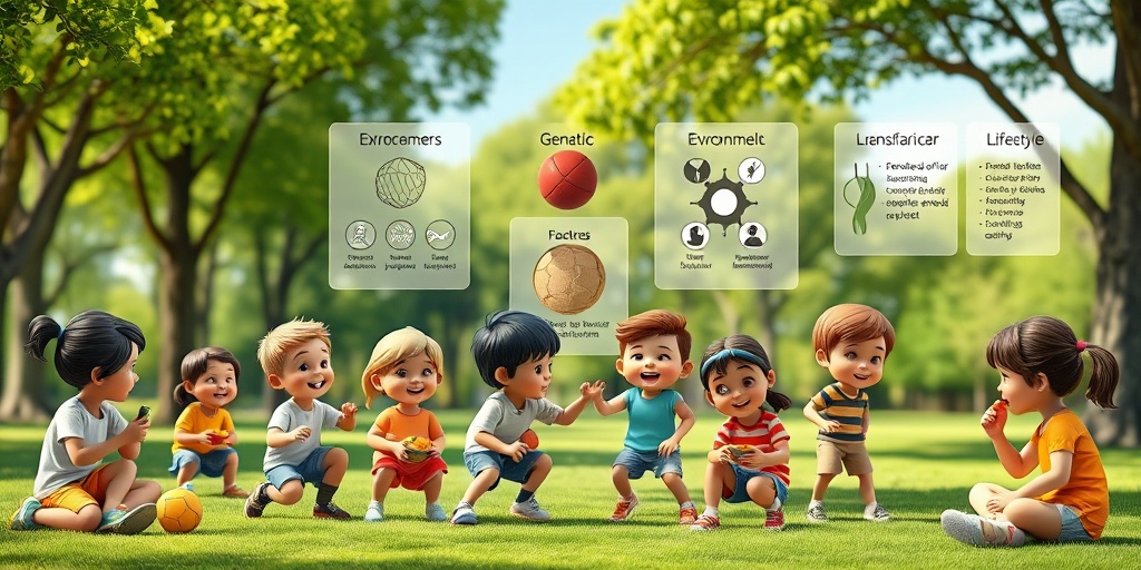 Diverse children engage in sports and healthy eating in a vibrant park, highlighting risk factors for juvenile diabetes through infographics.  3.png