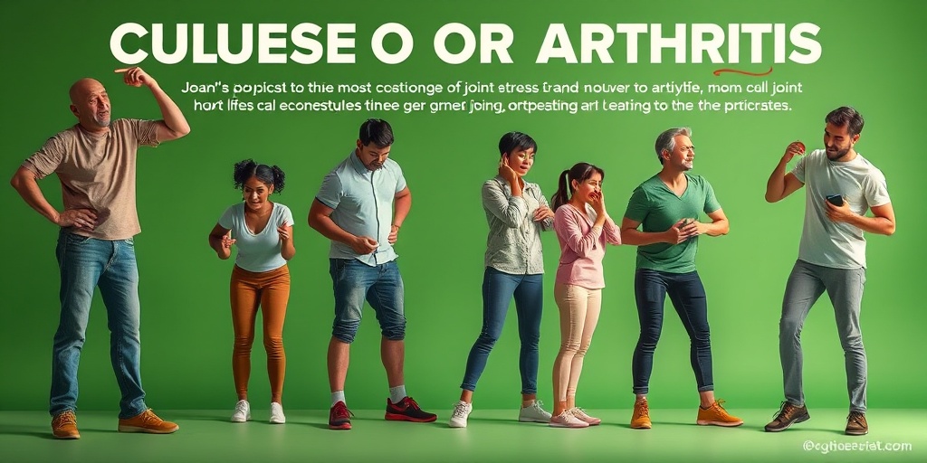 Diverse group illustrating arthritis causes through activities like heavy lifting, set against a serene green and white background.3.png