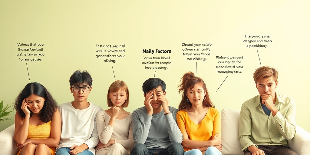 Diverse individuals display signs of anxiety in a soothing green and white setting, illustrating the emotional triggers of nail-biting.3.png