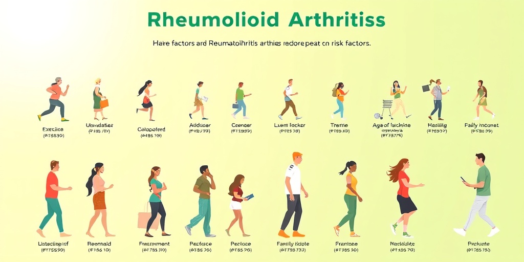 Diverse individuals engaged in activities, highlighting Rheumatoid Arthritis risk factors with a harmonious green and white background.3.png