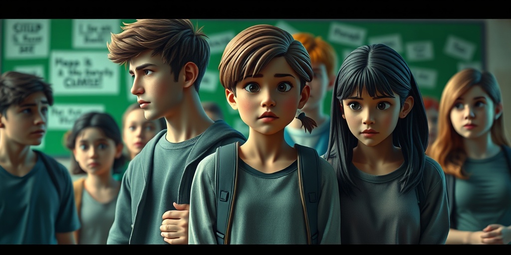Diverse teenagers in a school setting, showcasing emotions tied to peer pressure and mental health challenges.  3.png