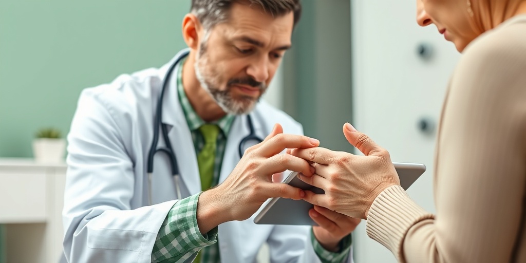 Doctor examining a patient's hands in a modern clinic, using a tablet to review symptoms, emphasizing care and professionalism.4.png
