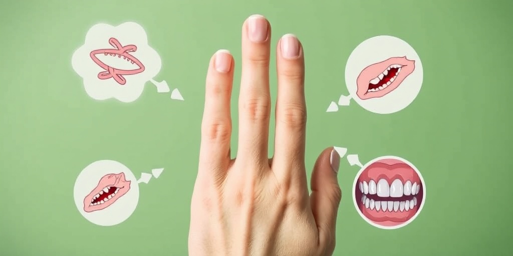 Focus on a hand with bitten nails surrounded by health risk visuals, raising awareness about nail-biting consequences in a calming green hue.4.png