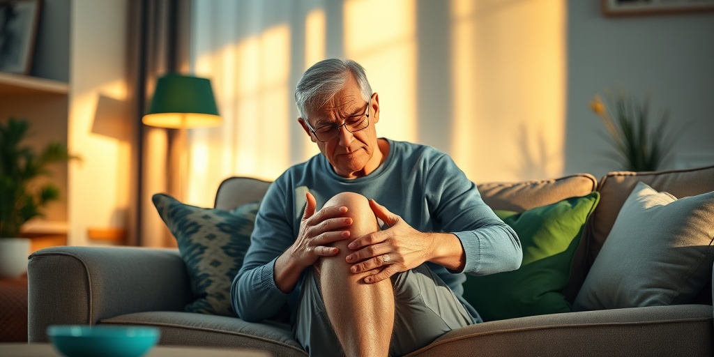 Individual seated in a cozy living room, massaging their knee, reflecting discomfort amidst warm, inviting decor.2.png