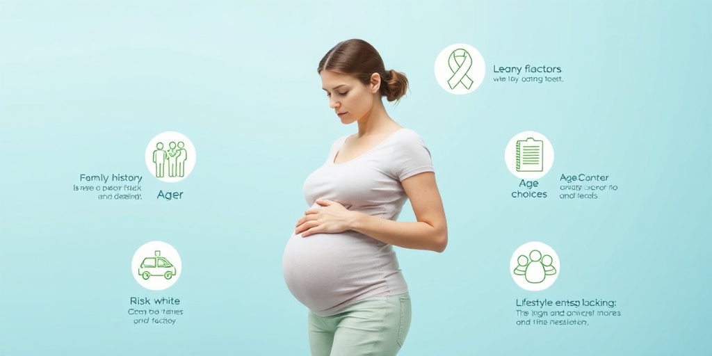 Infographic shows a pregnant woman surrounded by icons of breast cancer risk factors, promoting awareness and education.3.png