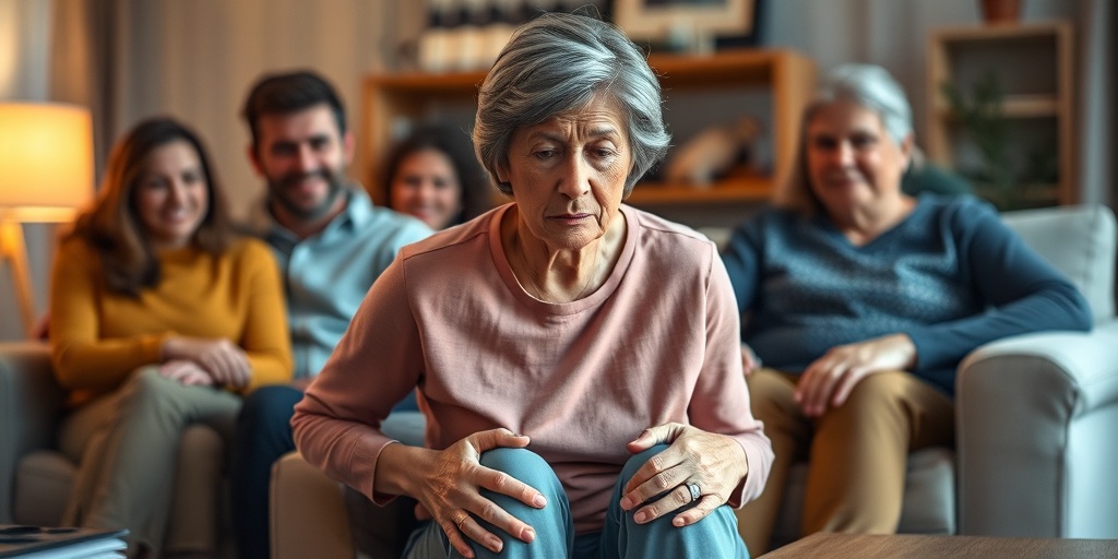 Middle-aged woman in a cozy living room, expressing determination while experiencing Rheumatoid Arthritis symptoms surrounded by family.2.png