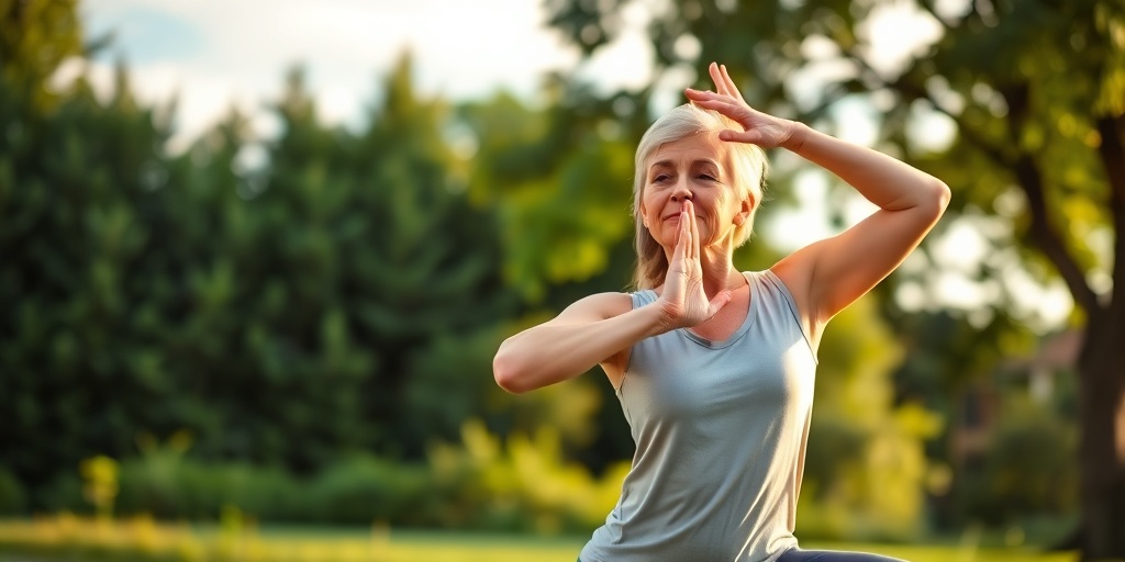 Person practicing gentle yoga outdoors, demonstrating strength and adaptability, surrounded by lush greenery and a peaceful atmosphere.5.png
