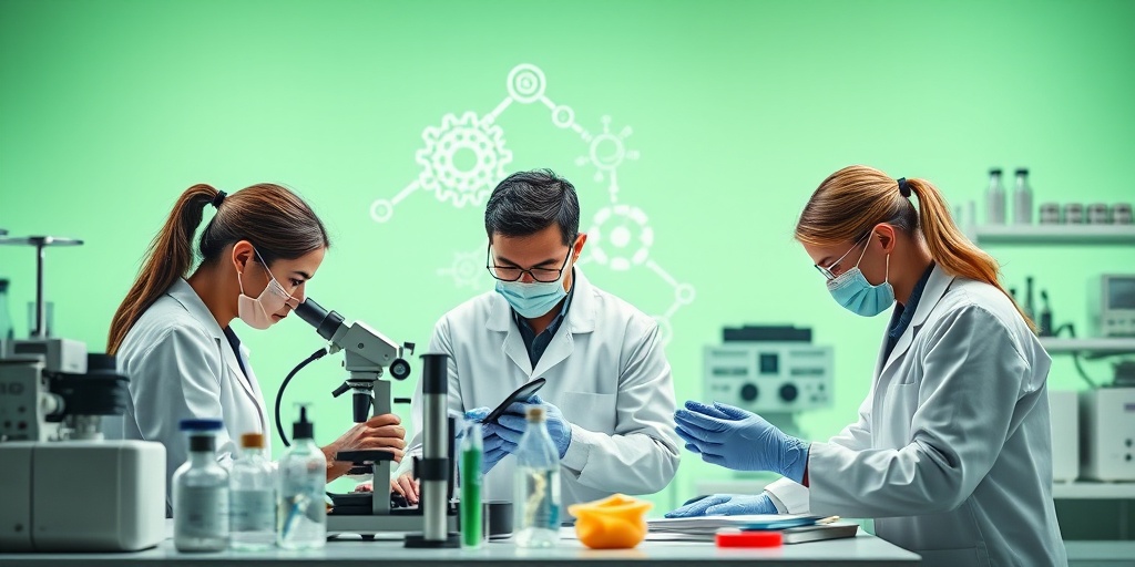 Scientists collaborating in a laboratory on innovative treatments for cribriform carcinoma, highlighting teamwork and advanced research equipment.5.png