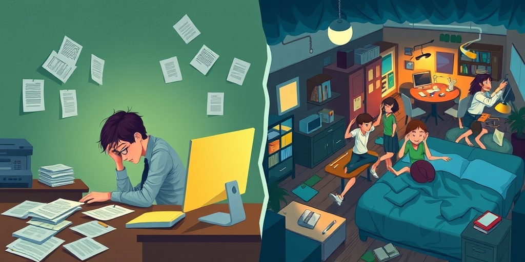 Split scene illustrating work stress and chaotic home life, using calming colors to contrast with insomnia's causes. 3.png