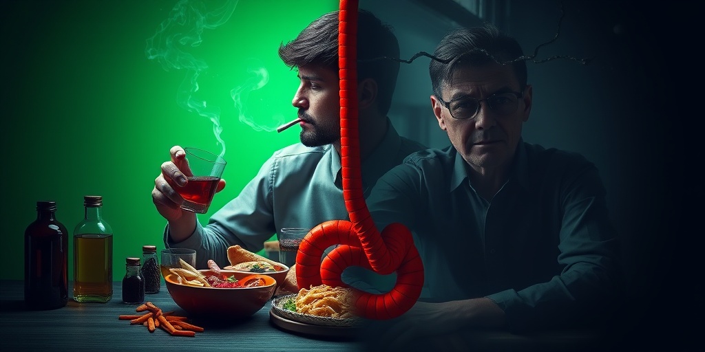 Split-screen image highlighting gastritis risk factors: unhealthy eating and stress, set against a green backdrop.3.png