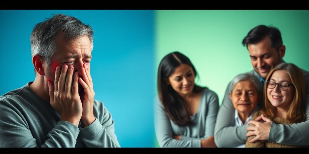 Split-screen shows acute facial pain on one side, calm family support on the other.2.png