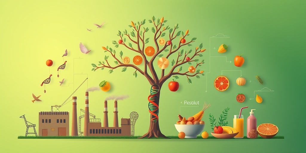 Symbolic representation of cribriform carcinoma risk factors, featuring a family tree, industrial elements, and healthy versus unhealthy foods.3.png