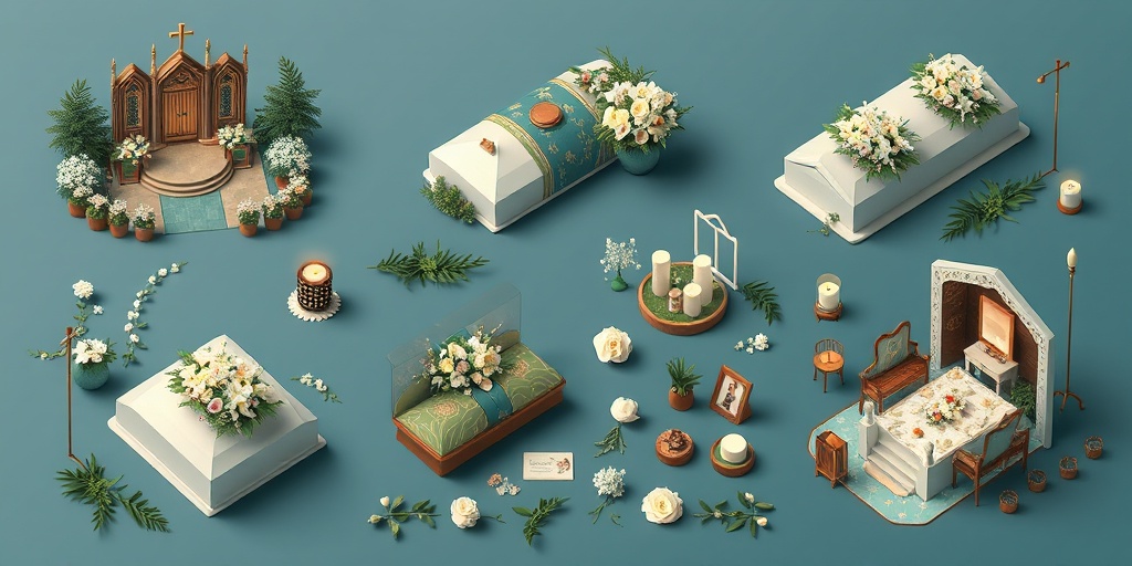 Various funeral types are depicted, showcasing cultural diversity and personal preferences in unique settings.  3.png