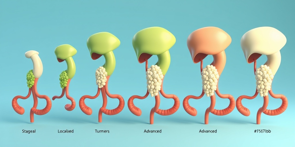A 3D render displaying various stages of urethral cancer, color-coded and illuminated for clarity in understanding the disease progression. 4.png