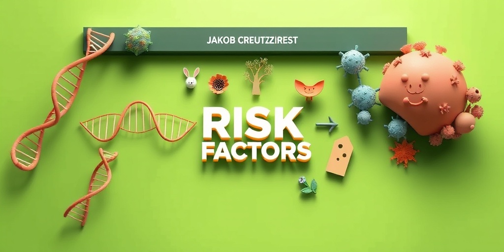 A 3D render illustrates Jakob-Creutzfeldt Disease risk factors, featuring DNA strands and environmental elements against a soft green background.3.png