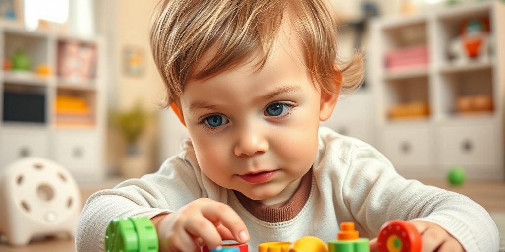 A child engaged in play, illustrating developmental delays due to Agenesis of Corpus Callosum, surrounded by educational toys in a bright setting.  2.png