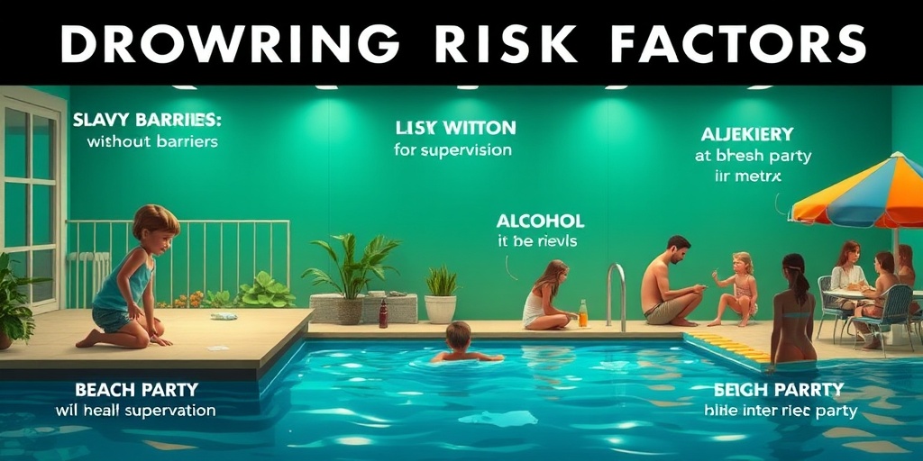 A child plays near a pool without barriers, highlighting drowning risk factors in a vibrant, cautionary scene.3.png