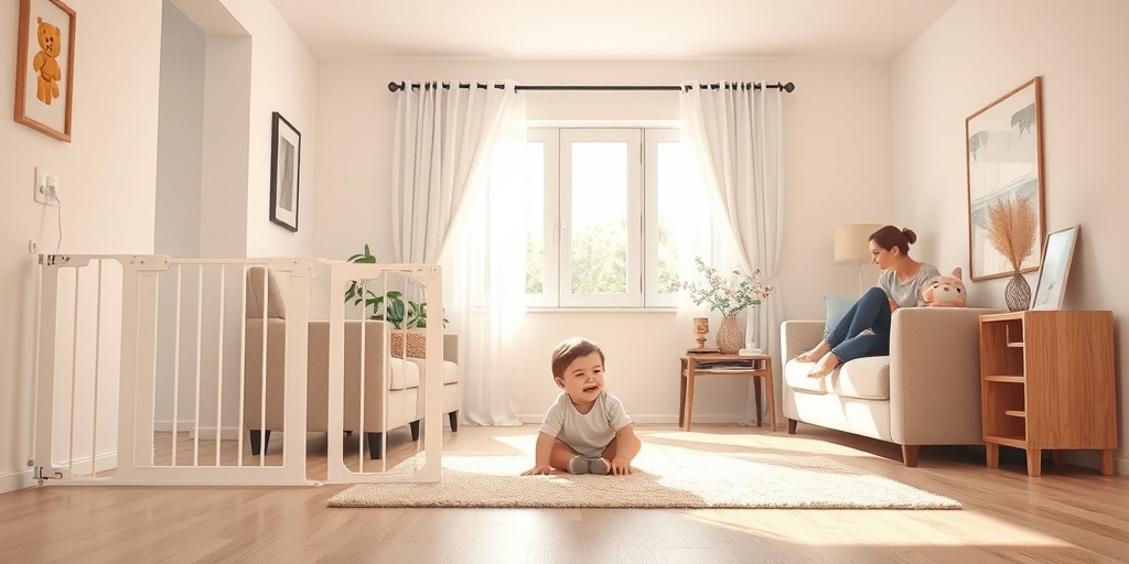 A childproofed home featuring safety gates and outlet covers, showcasing a toddler playing in a secure environment.  3.png