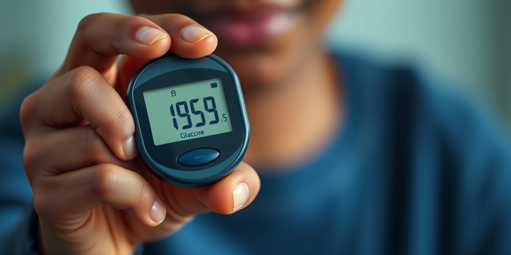 A close-up of a diverse hand holding a glucose meter, displaying high blood sugar levels against a blurred background.  2.png
