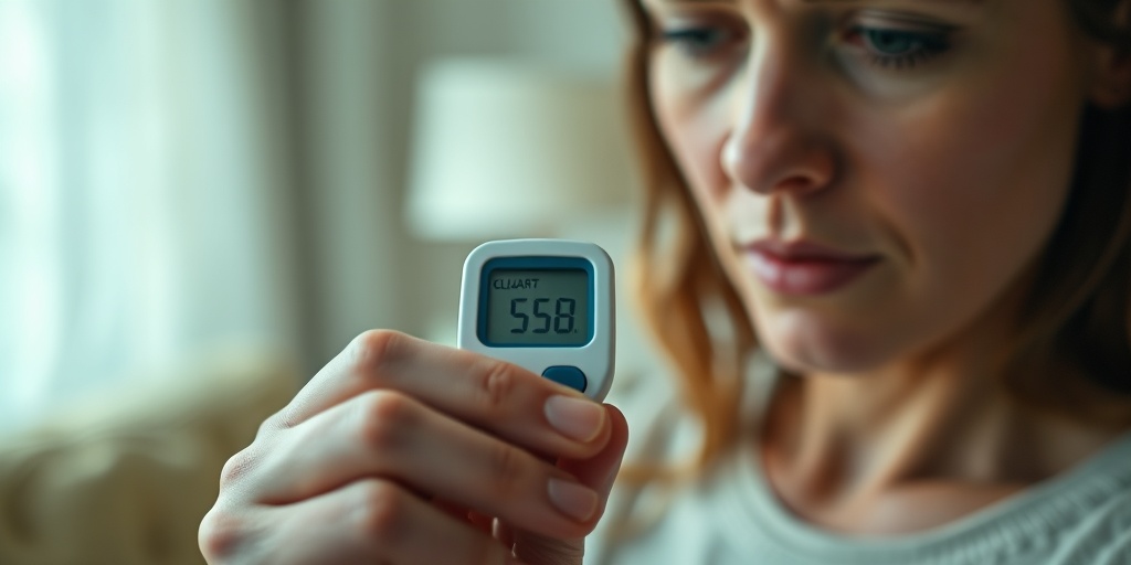 A close-up of a hand holding a glucose meter, revealing elevated blood sugar levels in a comforting home setting.  2.png
