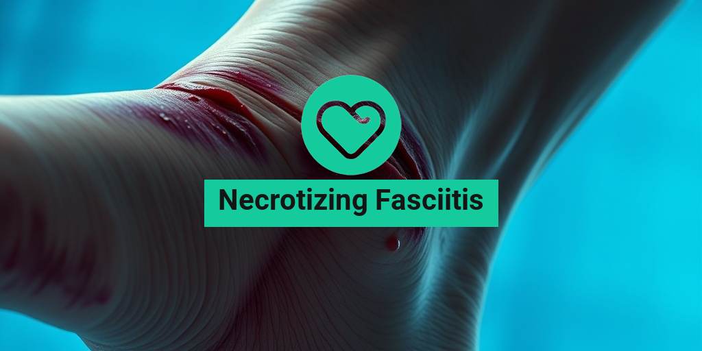 A close-up of a human leg showing severe skin discoloration from necrotizing fasciitis, emphasizing texture and contrast. • Yesil Health AI