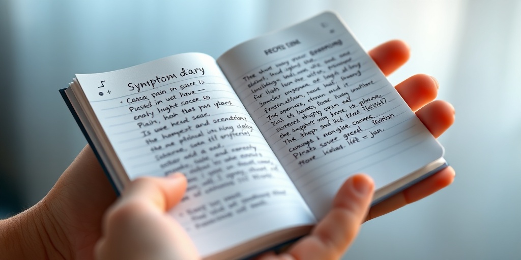 A close-up of a patient's hand holding a symptom diary, filled with notes on urethral cancer experiences and reflections. 2.png