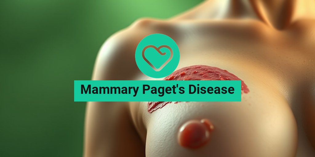 A close-up view of a woman's breast showing skin changes from Mammary Paget's Disease, highlighting redness and scaling. • Yesil Health AI