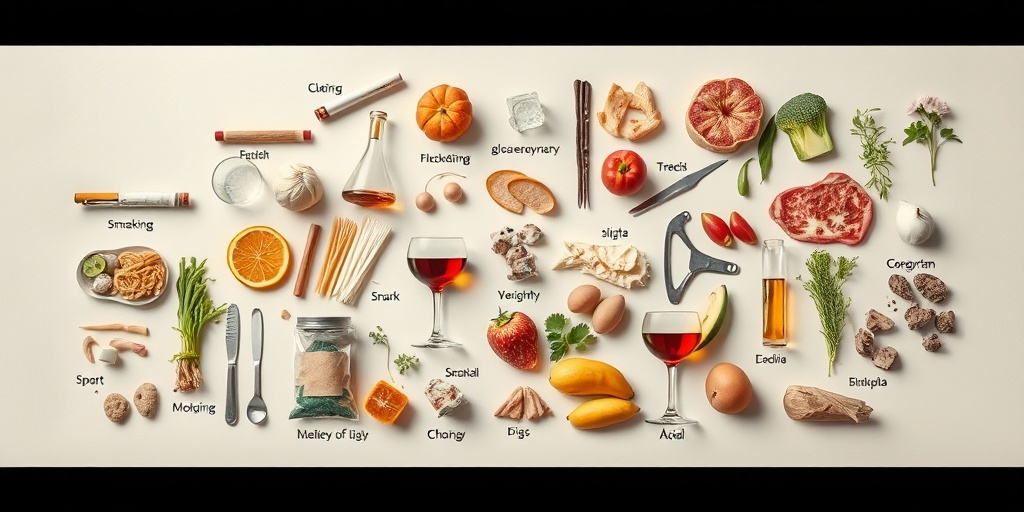 A collage of lifestyle risk factors for glossopyrosis, including smoking and diet, set against creamy whites and soft greens.  3.png